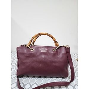 Authentic GUCCI Pebbled Leather Medium Bamboo Shopping Tote Bag Burgundy